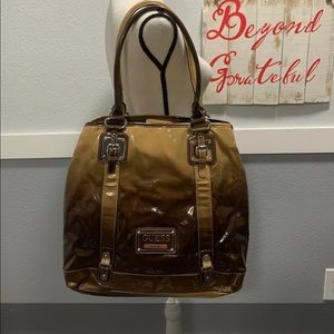 Large Guess “dump” Handbag. Brown Patent Leather.